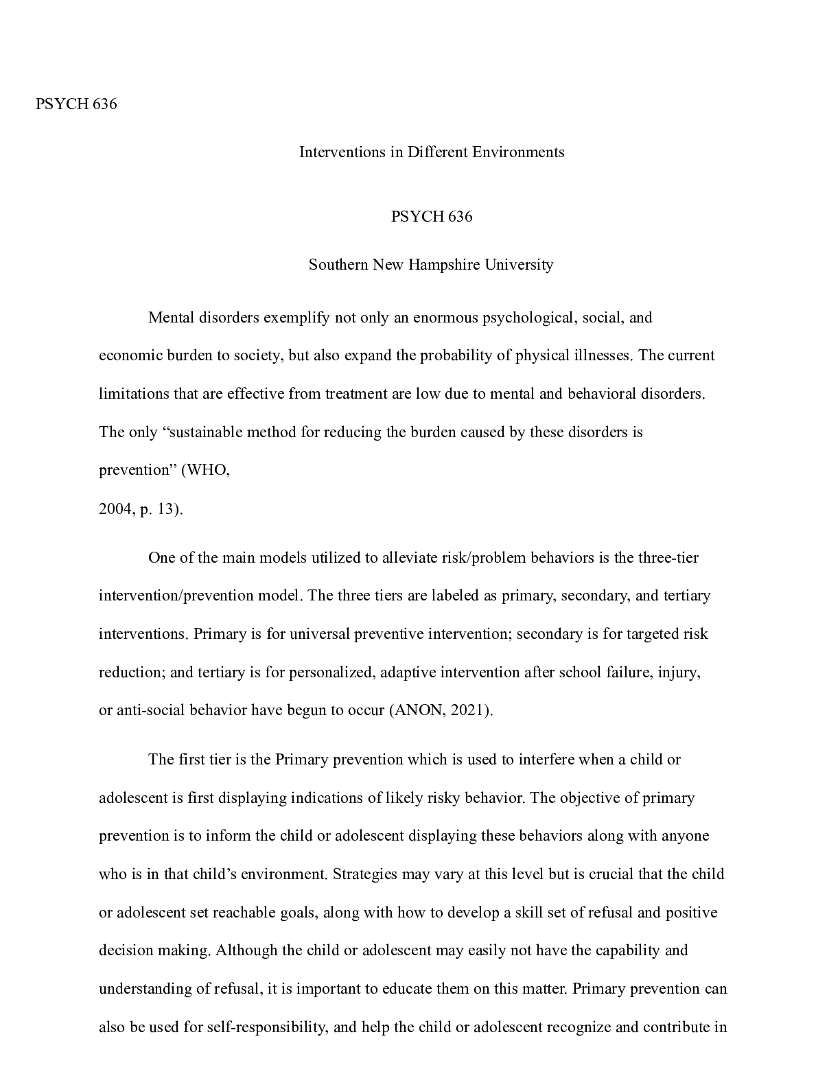 Preview image for 1 3 short paper interventions.docx  PSYCH 636  Interventions in Different Environments  PS